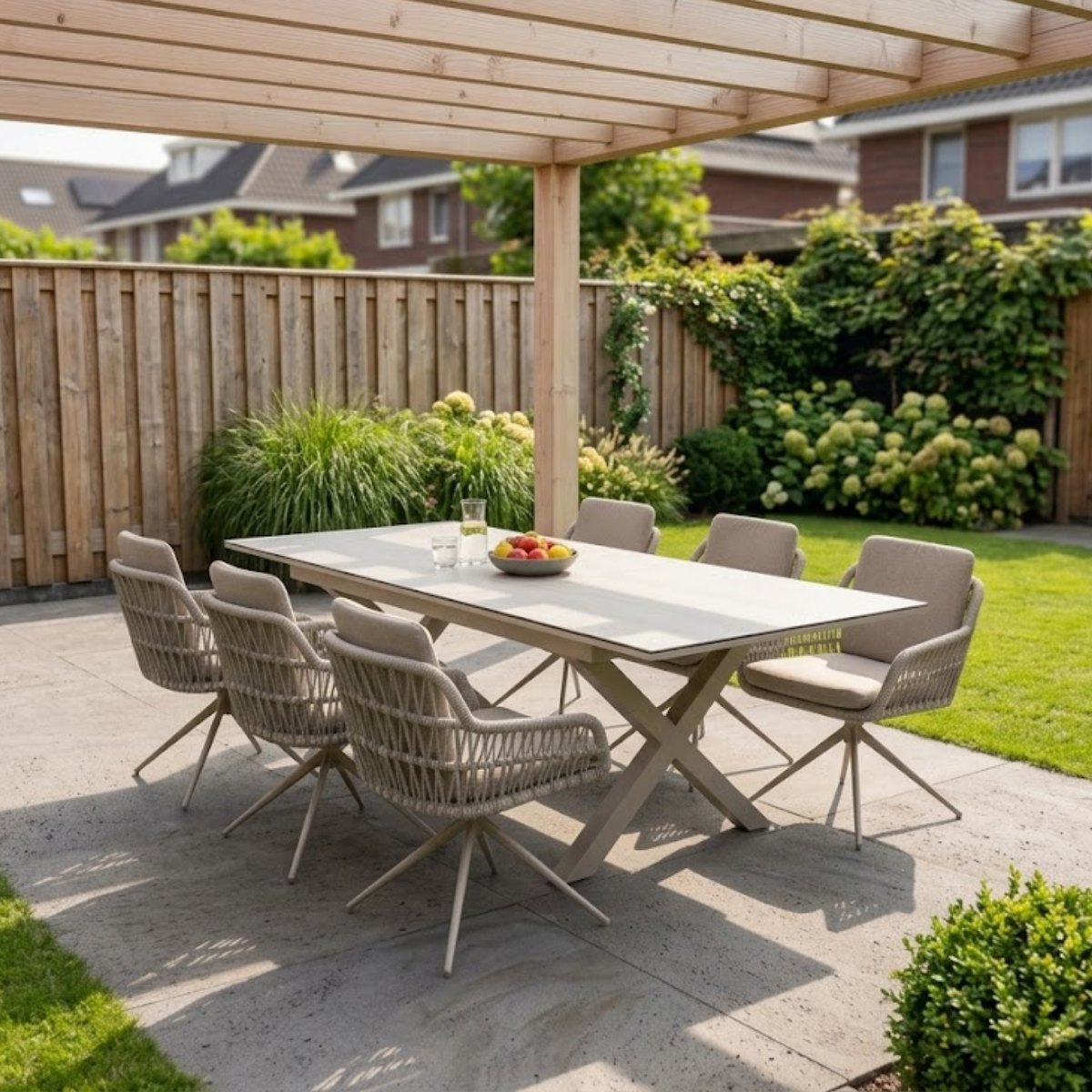 Tuinset 6 personen Monte Carlo warm wit – aluminium uitschuifbare tuintafel 180-240 cm + 6 draaibare stoelen - Afbeelding 2