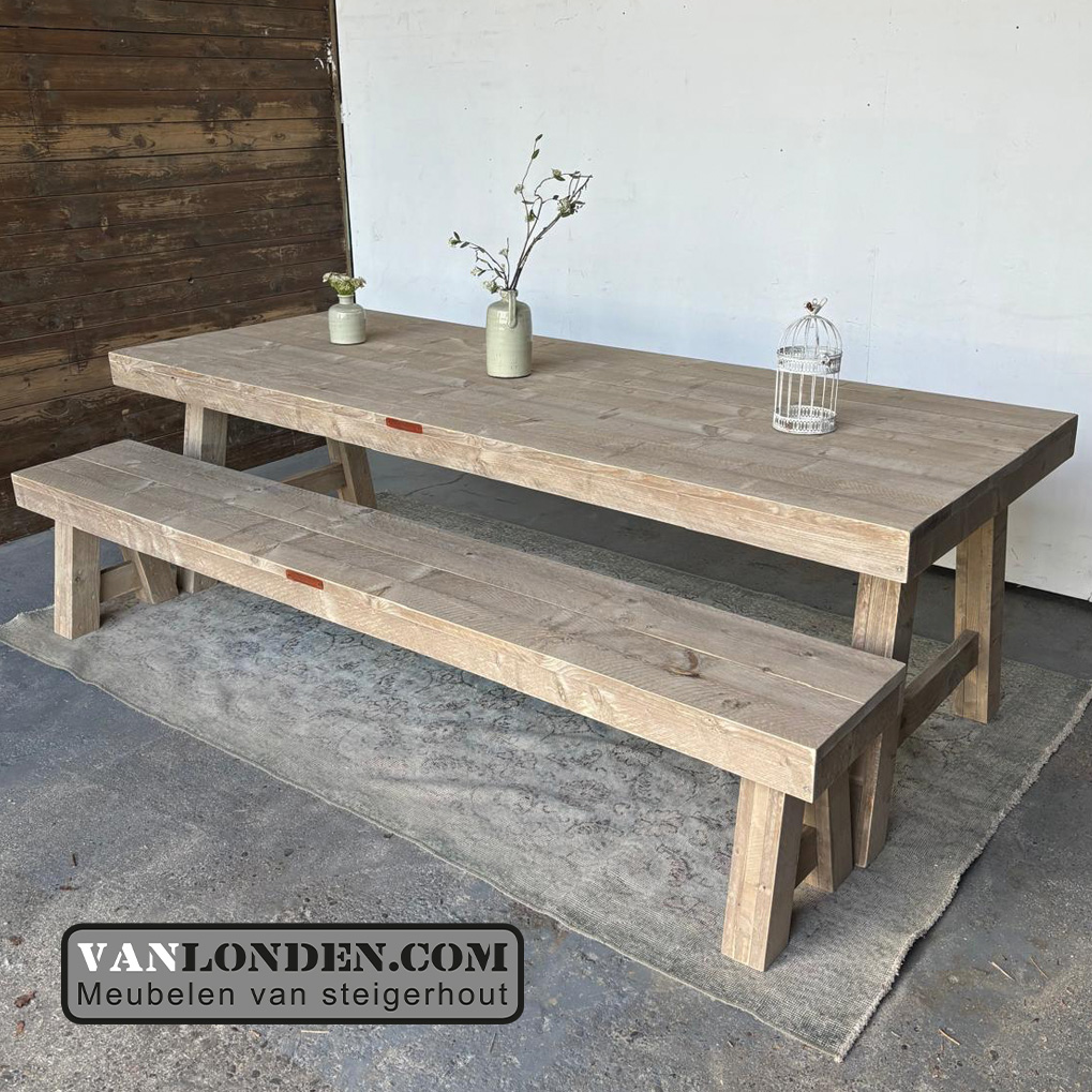 Steigerhouten eettafel Dinah en zitbank - Afbeelding 6